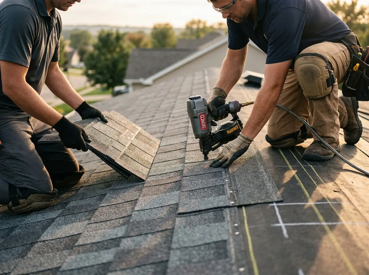 Professional roofer working on a residential roof in Clarksburg